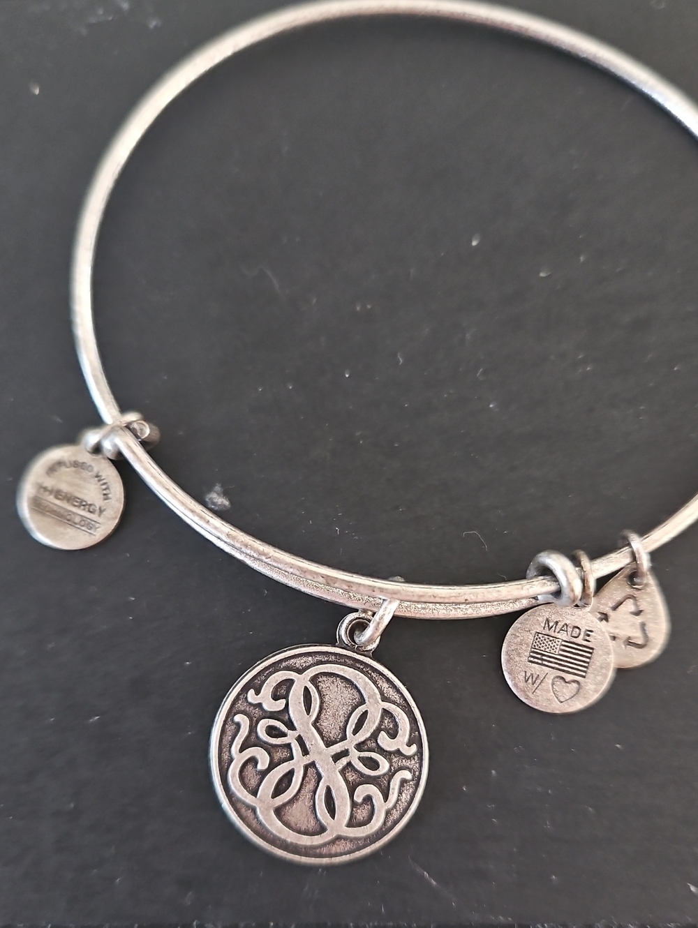 Alex and Ani Silver-Tone Filigree Monogram Charm Bangle Bracelet